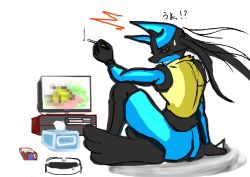 Rule 34 | !?, absurdres, ashtray, bad id, bad pixiv id, censored, cigarette, coo2, creatures (company), furry, game freak, gen 4 pokemon, highres, identity censor, lucario, nintendo, pokemon, pokemon (creature), red eyes, solo, tissue, tissue box, watching television