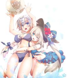 Rule 34 | 2girls, arms up, ball, bare arms, bare legs, bare shoulders, barefoot, bikini, blonde hair, blue eyes, braid, braided ponytail, breasts, eyebrows hidden by hair, fate/grand order, fate (series), flower, grey hair, hair between eyes, hair flower, hair ornament, hat, headpiece, holding, holding ball, hug, hug from behind, jeanne d&#039;arc (fate), jeanne d&#039;arc (swimsuit archer) (fate), long hair, looking at another, marie antoinette (fate), marie antoinette (fate/grand order), marie antoinette (swimsuit caster) (fate), mori marimo, multiple girls, one eye closed, open mouth, ponytail, ribbon, skirt, smile, swimsuit, water