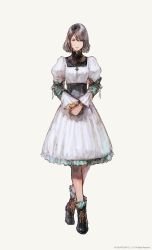 Rule 34 | 1girl, boots, copyright notice, dress, final fantasy, final fantasy xvi, full body, highres, jewelry, jill warrick, looking at viewer, necklace, official art, own hands together, short hair, silver hair, simple background, solo, square enix, standing