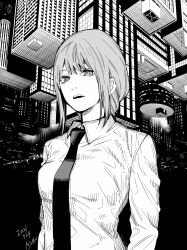 Rule 34 | 1girl, braid, braided ponytail, chainsaw man, cityscape, collared shirt, dated, greyscale, highres, looking at viewer, makima (chainsaw man), matsumotoasumu, medium hair, monochrome, necktie, open mouth, ringed eyes, shirt, sidelocks, solo, upside-down