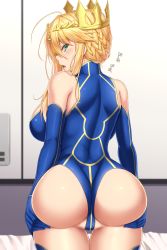 Rule 34 | 1girl, ahoge, akitsuki karasu, artoria pendragon (fate), artoria pendragon (lancer) (fate), ass, back, bare shoulders, blonde hair, blue gloves, blue leotard, blush, braid, braided bun, breasts, commentary request, crown, elbow gloves, fate/grand order, fate (series), french braid, gloves, green eyes, hair between eyes, hair bun, hands on own ass, heattech leotard, highres, large breasts, leotard, long hair, looking at viewer, looking back, open mouth, partially visible vulva, sidelocks, solo, spread ass, swept bangs, turtleneck
