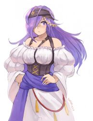 Rule 34 | 1girl, absurdres, camilla (fire emblem), commentary, corset, cowboy shot, dress, fire emblem, fire emblem fates, fire emblem heroes, head scarf, highres, kaphrin, long hair, long sleeves, looking at viewer, nintendo, off-shoulder dress, off shoulder, parted lips, purple eyes, purple hair, purple sash, sash, solo, standing, very long hair, white dress, wide sleeves