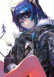 Rule 34 | 1girl, aoki (fumomo), arknights, black horns, black jacket, blue eyes, blue hair, commentary request, female focus, fur-trimmed jacket, fur trim, hair between eyes, halo, highres, horns, jacket, knee up, long hair, long sleeves, looking at viewer, mostima (arknights), open clothes, open jacket, parted lips, shirt, simple background, solo, strap, tail, upper body, white background, white shirt