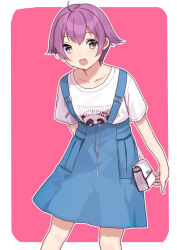 Rule 34 | 1girl, ahoge, bag, blue skirt, brown eyes, commentary request, feet out of frame, kantai collection, looking at viewer, mitsuyo (mituyo324), pink background, purple hair, sakawa (kancolle), shirt, short hair, skirt, smile, solo, suspender skirt, suspenders, white shirt