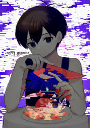 Rule 34 | 1boy, black eyes, black hair, cb ge000, closed mouth, collarbone, colored skin, expressionless, happy birthday, highres, holding, holding knife, knife, looking at viewer, omori, omori (omori), plate, tank top, white skin