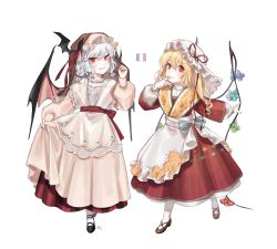 Rule 34 | 2girls, :p, absurdres, alternate costume, apron, bat hair ornament, bat wings, black footwear, blonde hair, blue bow, blue hair, bow, braid, commentary, cross-laced footwear, dress, fangs, fingernails, fingers to mouth, flandre scarlet, floral print, french flag, full body, hair between eyes, hair ornament, hair ribbon, hand up, hat, hat ribbon, highres, long hair, long sleeves, mary janes, mob cap, multiple girls, nail polish, one side up, parted lips, pleated skirt, puffy sleeves, red dress, red eyes, red footwear, red nails, red ribbon, red sash, red skirt, remilia scarlet, ribbon, sash, shan, sharp fingernails, shoes, siblings, simple background, sisters, skirt, skirt hold, slit pupils, smile, standing, striped bow, striped clothes, striped dress, tongue, tongue out, touhou, twin braids, veil, vertical-striped clothes, vertical-striped dress, waist apron, white apron, white background, white bow, white dress, white hat, white legwear, wide sleeves, wings