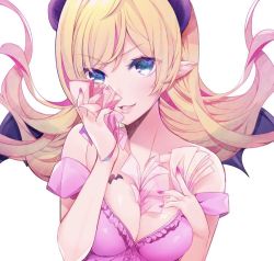 Rule 34 | 1girl, aqua eyes, bare shoulders, blonde hair, breasts, cleavage, demon horns, demon wings, dress, hand on own chest, holding, holding paper, holding up, hololive, horns, lingerie, lips, long hair, looking at viewer, medium breasts, mousou zei (vocaloid), nail polish, noyama (noyama8888), open mouth, paper, pointy ears, simple background, solo, strapless, strapless dress, underwear, upper body, virtual youtuber, vocaloid, white background, wings, yuzuki choco, yuzuki choco (1st costume)