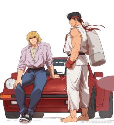 Rule 34 | 2boys, bara, barefoot, black hair, blonde hair, capcom, carrying over shoulder, contemporary, denim, dougi, eye contact, full body, jeans, ken masters, leather belt, looking at another, male focus, multiple boys, muscular, muscular male, pants, purple shirt, ryu (street fighter), shirt, shoes, short hair, sideburns, sitting on car, smile, sneakers, street fighter, thick eyebrows, thighs, tight clothes, tight pants, yuiofire