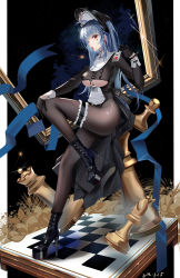 Rule 34 | 1girl, absurdres, azur lane, bishop (chess), black background, black dress, black footwear, black gloves, black pantyhose, blue hair, boots, breasts, card, checkered floor, chess piece, clothing cutout, dress, facepaint, facial mark, from side, full body, gloves, half gloves, high heel boots, high heels, highres, king (chess), leg up, legs, long hair, looking at viewer, maid, marco polo (azur lane), marco polo (the queen of hearts) (azur lane), medium breasts, official alternate costume, open mouth, pantyhose, pawn (chess), platform boots, platform footwear, playing card, queen (chess), red eyes, sabou san-shitsu kokoro, solo, standing, standing on one leg, stiletto heels, thighs, tongue, tongue out, underboob, underboob cutout