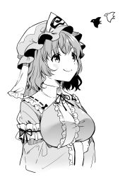 Rule 34 | 1girl, absurdres, bird, blush, bow, bowtie, breasts, closed mouth, collared dress, commentary request, dress, flying, frills, greyscale, hair between eyes, hand up, hat, highres, japanese clothes, kapuchii, kimono, large breasts, long sleeves, looking at another, looking up, mob cap, monochrome, saigyouji yuyuko, short hair, simple background, smile, standing, touhou, triangular headpiece, white background, wide sleeves, wings
