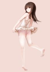 Rule 34 | 1girl, ass, ballerina, bare arms, bare shoulders, brown background, brown eyes, brown hair, commentary request, dress, from behind, highres, karin (fineyanny), long hair, looking away, looking to the side, original, pantyhose, parted lips, simple background, soles, solo, standing, standing on one leg, strapless, strapless dress, thighband pantyhose, tutu, white dress, white pantyhose