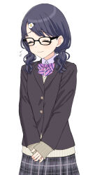 Rule 34 | 1girl, ^ ^, black-framed eyewear, black jacket, blazer, blush, bow, bowtie, closed eyes, cosplay, flying sweatdrops, fukumaru koito, glasses, highres, idolmaster, idolmaster shiny colors, inubusa, jacket, light smile, long sleeves, morino rinze, morino rinze (cosplay), own hands together, pink bow, pink bowtie, plaid, plaid skirt, pleated skirt, school uniform, simple background, skirt, solo, striped bow, striped bowtie, striped clothes, sweater, twintails, white background, yellow sweater