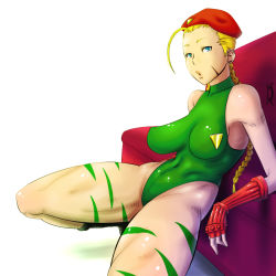 Rule 34 | 1girl, ahoge, antenna hair, bad id, bad pixiv id, bare shoulders, beret, blonde hair, blue eyes, braid, breasts, cammy white, capcom, couch, fingerless gloves, gloves, green leotard, hat, highleg, highleg leotard, impossible clothes, large breasts, leotard, locketmonkey, navel, open mouth, scar, single braid, skin tight, solo, spread legs, squatting, street fighter, thighs, thong leotard, twin braids, white background