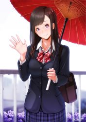 Rule 34 | 1girl, artist name, asymmetrical bangs, asymmetrical hair, bag, blush, bow, bowtie, breasts, brown hair, buttons, cardigan, carrying, closed mouth, collared shirt, cowboy shot, female focus, flower, hand up, head tilt, highres, holding, holding umbrella, light blush, long hair, looking at viewer, medium breasts, nanahime, original, outdoors, pink eyes, plaid, plaid skirt, red bow, school bag, school uniform, shirt, simple background, skirt, smile, solo, standing, umbrella, waving, white background