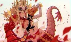 Rule 34 | 1girl, blonde hair, breasts, crown, cup, darkness, dragon tail, elbow gloves, fate/grand order, fate (series), gloves, highres, holding, holding cup, navel, nero claudius (fate), nero claudius (fate) (all), petals, pouring, pouring onto self, queen draco (fate), queen draco (second ascension) (fate), red eyes, small breasts, tail, yumeno ochawan