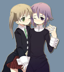 Rule 34 | 00s, 1girl, androgynous, bad id, bad pixiv id, black dress, blonde hair, blue background, coat, cowboy shot, crona (soul eater), cuff links, dadami, dress, ecocube, gloves, green eyes, high collar, holding hands, long hair, long sleeves, maka albarn, necktie, one eye closed, plaid, plaid skirt, purple eyes, purple hair, short hair, shy, simple background, skirt, smile, soul eater, sweater, thighhighs, twintails, white gloves, wince, wink