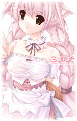 Rule 34 | 1girl, :d, bare shoulders, braid, collarbone, detached collar, dress, guilty troop factory, jian, long hair, lowres, off-shoulder dress, off shoulder, open mouth, palms, pink hair, simple background, smile, solo, tray, twin braids, twintails, upper body, very long hair, white background