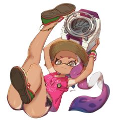 Rule 34 | 1girl, :3, arms up, bare legs, blush, breasts, dark skin, dolphin shorts, full body, grey eyes, hat, highres, inkling, inkling girl, inkling player character, leg up, legs, looking at viewer, mask, micro shorts, nintendo, purple hair, shirt, shoes, short shorts, shorts, simple background, sleeveless, sleeveless shirt, smile, splatoon (series), tan, tanline, tentacle hair, wavy mouth, white background, yu-ri (arium047)