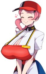 Rule 34 | 1girl, alternate breast size, apron, blush, breasts, cleavage, closed eyes, collared shirt, creatures (company), game freak, hat, highres, huge breasts, joy (pokemon), medium hair, nintendo, niucniuc, nurse, poke ball symbol, pokemon, pokemon sv, shirt, short sleeves, simple background, smile, solo, suspenders, swept bangs, thick eyebrows