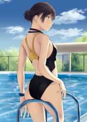Rule 34 | 1girl, ass, back, back cutout, backlighting, bad hands, black hair, black one-piece swimsuit, blue eyes, blue sky, blurry, blush, breasts, chain-link fence, clothing cutout, cloud, competition swimsuit, day, depth of field, dripping, fence, from behind, hair bun, highres, hiwatari rin, light smile, looking to the side, md5 mismatch, multicolored clothes, multicolored swimsuit, one-piece swimsuit, original, outdoors, pool, pool ladder, poolside, profile, resolution mismatch, short hair, sidelocks, single hair bun, sky, small breasts, solo, source smaller, standing, sunlight, swimsuit, tree, watch, water, wet, wristwatch