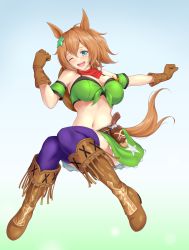 Rule 34 | 1girl, animal ears, armband, black bra, blue eyes, boots, bra, breasts, cleavage, cowboy, cowboy boots, cowboy hat, cowboy western, ear covers, full body, gradient background, green armband, green shirt, hair between eyes, hair ornament, hat, hat on back, highres, holstered, horse ears, horse girl, horse tail, kamui aya, knee boots, knees together feet apart, large breasts, looking at viewer, medium hair, midriff, navel, one eye closed, orange hair, purple thighhighs, sheriff badge, shirt, smile, solo, star (symbol), star hair ornament, stretching, taiki shuttle (umamusume), tail, thighhighs, thighs, tied shirt, umamusume, underwear, western