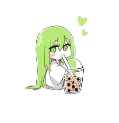 Rule 34 | androgynous, ayanobro, blush, bubble tea, chibi, drinking straw, enkidu (fate), fate/grand order, fate (series), gender request, green eyes, green hair, heart, highres, long hair, robe, simple background, solo, very long hair, white background, white robe