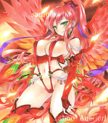 Rule 34 | 1girl, artist name, at classics, blush, breast hold, breasts, cameltoe, closed mouth, covered erect nipples, covered navel, cowboy shot, elbow gloves, feathered wings, gloves, green eyes, groin, large breasts, long hair, looking at viewer, navel, original, ponytail, red gloves, red hair, sample watermark, sidelocks, smile, solo, stomach, thighhighs, traditional media, watermark, wings