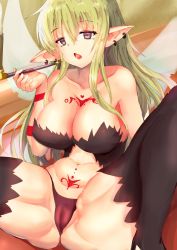 Rule 34 | 1girl, aloe (ishuzoku reviewers), boots, brown eyes, cameltoe, cleft of venus, green hair, highres, ishuzoku reviewers, long hair, mogupuchi, smoking pipe, solo, thigh boots, thighhighs