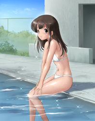 Rule 34 | 1girl, bikini, brown eyes, brown hair, budda (pixiv2124), bush, commentary request, fence, highres, jimiko, long hair, navel, original, partially submerged, pool, sitting, solo, sparkle, swimsuit, water, white bikini