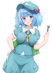 Rule 34 | 1girl, backpack, bag, blue skirt, breasts, commentary, fang, flat cap, green hat, hair bobbles, hair ornament, hand on own hip, hat, holding, holding wrench, kawashiro nitori, key, large breasts, looking at viewer, open mouth, pocket, rururiaru, short sleeves, simple background, skin fang, skirt, solo, touhou, two side up, v-shaped eyebrows, white background, wrench