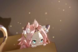Rule 34 | 1girl, animal ear fluff, bangs pinned back, blurry, box, cardboard box, commentary request, depth of field, diona (genshin impact), forehead, forever icefox, genshin impact, green eyes, hair ribbon, in box, in container, looking at viewer, peeking out, pink hair, ribbon, short hair, sidelocks, simple background, solo, tears, thick eyebrows