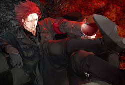 Rule 34 | 1boy, alcohol, alternate costume, black pants, black shirt, black theme, boots, couch, cup, drinking glass, eustass kid, gloves, grin, crossed legs, looking away, male focus, nail polish, necktie, one piece, pale skin, pants, red eyes, red hair, red theme, red wine, shirt, sitting, smile, solo, wine, wine glass, xla009
