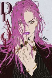 Rule 34 | 1boy, bracelet, brown suit, character name, diavolo, ear piercing, earrings, formal, gold bracelet, gold earrings, green eyes, hagiko15, hair between eyes, highres, jewelry, jojo no kimyou na bouken, long hair, looking at viewer, male focus, piercing, pink hair, polka dot hair, purple lips, ring, shirt, signature, simple background, solo, striped clothes, striped shirt, suit, upper body, veins, veiny arms, vento aureo, white background