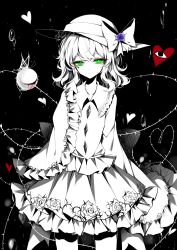 Rule 34 | 1girl, absurdres, artist name, black background, blood, blue flower, blue rose, bow, buttons, closed mouth, commentary, diamond button, floral print, flower, frilled shirt collar, frilled skirt, frilled sleeves, frills, green eyes, hat, hat bow, heart, heart of string, highres, komeiji koishi, long sleeves, looking at viewer, medium hair, rain, roastpork 318, rose, shirt, simple background, skirt, sleeves past fingers, sleeves past wrists, solo, symbol-only commentary, third eye, thorns, touhou, twitter username