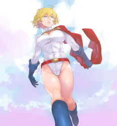 Rule 34 | 1girl, alien, animification, belt, belt skirt, blonde hair, blue eyes, blue footwear, blue gloves, boots, breasts, cape, cleavage cutout, clothing cutout, dc comics, gloves, hamushima, kryptonian, large breasts, leotard, parted lips, power girl, red cape, shoes, short hair, solo, superman (series)