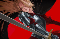 Rule 34 | 1girl, armor, asae (1313604a), blonde hair, breastplate, crying, crying with eyes open, eyelashes, gauntlets, green eyes, highres, holding, holding sword, holding weapon, long hair, original, parted lips, pauldrons, puffy sleeves, red background, red lips, shoulder armor, simple background, single pauldron, solo, sword, tears, teeth, weapon