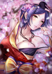 Rule 34 | 1girl, arm up, bad id, bad pixiv id, bare shoulders, blurry, blurry foreground, blush, bow, breasts, cleavage, collarbone, depth of field, earrings, finger to mouth, fingerless gloves, fingernails, folded fan, folding fan, forehead, gloves, hair ornament, hand fan, hand up, hayami kanade, highres, holding, holding fan, idolmaster, idolmaster cinderella girls, idolmaster cinderella girls starlight stage, japanese clothes, jewelry, kimono, kuguri oimo, large breasts, looking at viewer, lying, nail polish, on back, parted bangs, parted lips, purple hair, purple nails, red kimono, ring, short hair, single glove, solo, strap slip, yellow bow, yellow eyes