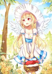 Rule 34 | 00s, 1girl, angel wings, bad id, bad pixiv id, blonde hair, blush, breasts, cleavage, collarbone, dated, dress, dungeon and fighter, earrings, flower, goyain, hat, highres, jewelry, long hair, mage (dungeon and fighter), open mouth, picnic basket, pointy ears, puffy short sleeves, puffy sleeves, red eyes, short sleeves, solo, sun hat, wings