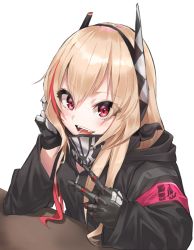 Rule 34 | 1girl, applepie (12711019), armband, black jacket, fangs, girls&#039; frontline, gloves, headgear, highres, jacket, light brown hair, long hair, looking at viewer, m4 sopmod ii (girls&#039; frontline), single mechanical hand, multicolored hair, open mouth, red eyes, red hair, scarf, simple background, single glove, solo, streaked hair, two-tone hair, v, white background