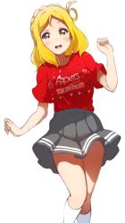 Rule 34 | 1girl, absurdres, bad id, bad pixiv id, blonde hair, blush, braid, clenched hands, crown braid, hair rings, highres, icehotmilktea, kneehighs, love live!, love live! sunshine!!, ohara mari, open mouth, pleated skirt, red shirt, shirt, short sleeves, simple background, skirt, smile, socks, solo, t-shirt, white background, white socks, yellow eyes