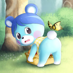 Rule 34 | 1girl, animal crossing, animal ears, ass, bad id, bad pixiv id, basket, bear ears, bear tail, bent over, blue hair, bluebear (animal crossing), blush, bug, butterfly, flower, food, from behind, fruit, furry, furry female, grass, bug, leaf, nintendo, open mouth, solo, tail, tree
