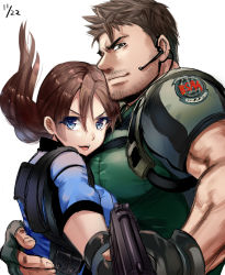 Rule 34 | 1boy, 1girl, blue eyes, breasts, brown hair, chris redfield, facial hair, fingerless gloves, gloves, gun, handgun, jill valentine, large breasts, long hair, looking at viewer, muscular, nagare, ponytail, resident evil, resident evil 5, simple background, stubble, weapon, white background
