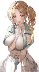 Rule 34 | 1girl, arm between breasts, between breasts, blue nails, blush, breasts, brown eyes, brown hair, commentary, commission, crop top, cropped jacket, fingerless gloves, gawawawa, gloves, hand to own mouth, highres, ichikawa hinana, idolmaster, idolmaster shiny colors, large breasts, long hair, looking at viewer, midriff, navel, open mouth, pleated skirt, side ponytail, simple background, skeb commission, skirt, smile, solo, stomach, white background, white gloves, white skirt