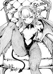 Rule 34 | 1girl, absurdres, bare shoulders, betoko, blush, breasts, bridal gauntlets, chair, closed mouth, clothing cutout, collarbone, covered collarbone, demon girl, demon horns, demon tail, demon wings, fingernails, fishnet pantyhose, fishnets, greyscale, harigane shinshi, hatching (texture), heart, heart cutout, highres, horns, long fingernails, long hair, low wings, monochrome, navel, original, pantyhose, sharp fingernails, signature, sitting, solo, tail, thank you, tongue, tongue out, wings