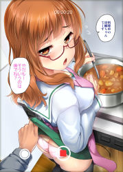 Rule 34 | 10s, 1girl, apron, ass, black thighhighs, blush, brown eyes, brown hair, clothes lift, cooking, curry, dutch angle, flying sweatdrops, food, from above, girls und panzer, glasses, hijiri tsukasa, long hair, looking back, ooarai school uniform, open mouth, panties, pink panties, pot, recording, red-framed eyewear, school uniform, semi-rimless eyewear, serafuku, skirt, skirt lift, solo focus, spoon, sweatdrop, takebe saori, thighhighs, translated, under-rim eyewear, underwear, viewfinder