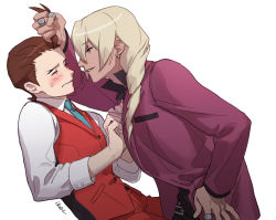 Rule 34 | 2boys, absurdres, ace attorney, antenna hair, apollo justice, apollo justice: ace attorney, aqua necktie, artist name, bishounen, black pants, blonde hair, blush, brown hair, closed eyes, earrings, formal, grabbing another&#039;s hair, hand on own hip, hand up, highres, jewelry, keapriciti, klavier gavin, long hair, looking at another, male focus, multiple boys, necktie, pants, purple suit, red vest, ring, suit, sweatdrop, vest, yaoi