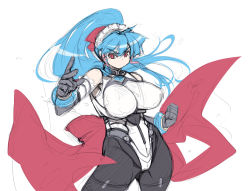 Rule 34 | 1girl, blue hair, bodysuit, bow, breasts, elbow gloves, fighting stance, gloves, hair bow, large breasts, long hair, maid headdress, mel/a, melmaid, original, pantyhose, ponytail, red eyes, sidelocks, sketch, solo