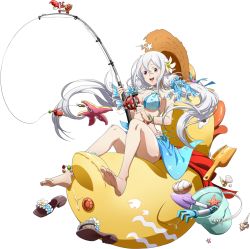 Rule 34 | 1girl, :d, barefoot, bikini, blue bikini, blue choker, blue ribbon, breasts, choker, cleavage, collarbone, fishing rod, floating hair, flower, full body, hair between eyes, hair flower, hair ornament, hat, hat ribbon, highres, holding, holding fishing rod, langrisser, langrisser mobile, large breasts, long hair, official art, open mouth, red eyes, ribbon, sarong, sideboob, silver hair, sitting, smile, soles, solo, straw hat, swimsuit, transparent background, twintails, very long hair, white flower, zerida