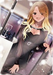Rule 34 | 1girl, alternate costume, black dress, blonde hair, blush, breasts, brown hair, cleavage, collarbone, dress, fingernails, gradient hair, hamcheeseand, highres, idolmaster, idolmaster shiny colors, izumi mei, large breasts, looking at viewer, multicolored hair, nail polish, see-through, see-through sleeves, signature, smile, solo