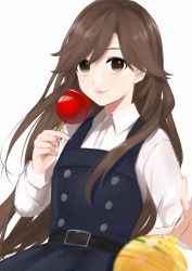 Rule 34 | 1girl, arashio (kancolle), arashio kai ni (kancolle), balloon, belt, black dress, blurry, brown eyes, brown hair, buttons, candy apple, closed mouth, collared shirt, commentary, cowboy shot, depth of field, double-breasted, dress, floating hair, focused, food, hand up, highres, holding, kantai collection, lips, long hair, long sleeves, looking at viewer, morinaga miki, outstretched arm, pinafore dress, shirt, simple background, sleeveless, sleeveless dress, smile, solo, suspenders, swept bangs, white background, white shirt